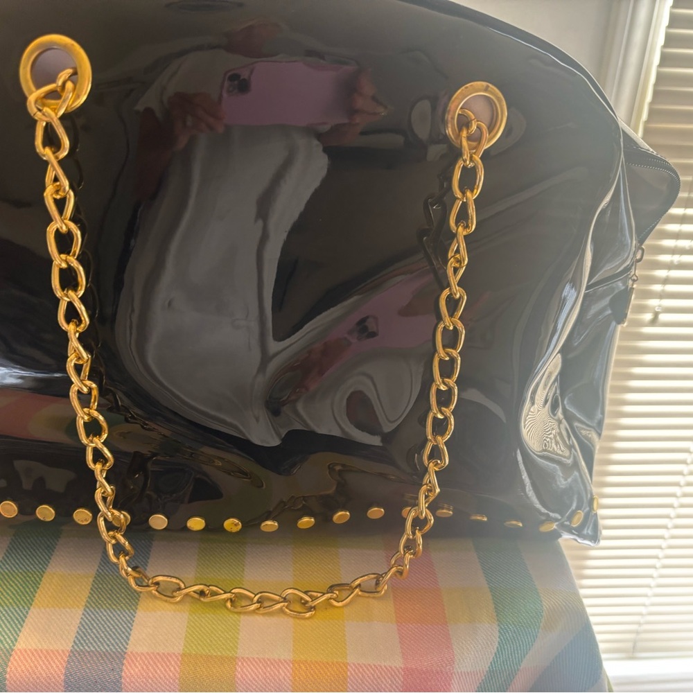 Betsey Johnson Black and Gold Shoulder Bag with Elegant Chain Detail